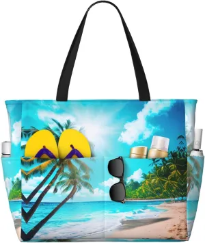Tropical Ocean Beach Theme Print Stylish Beach Tote Bag,Large Capacity Handbag,Perfect For Women'S Vacation And Daily Use