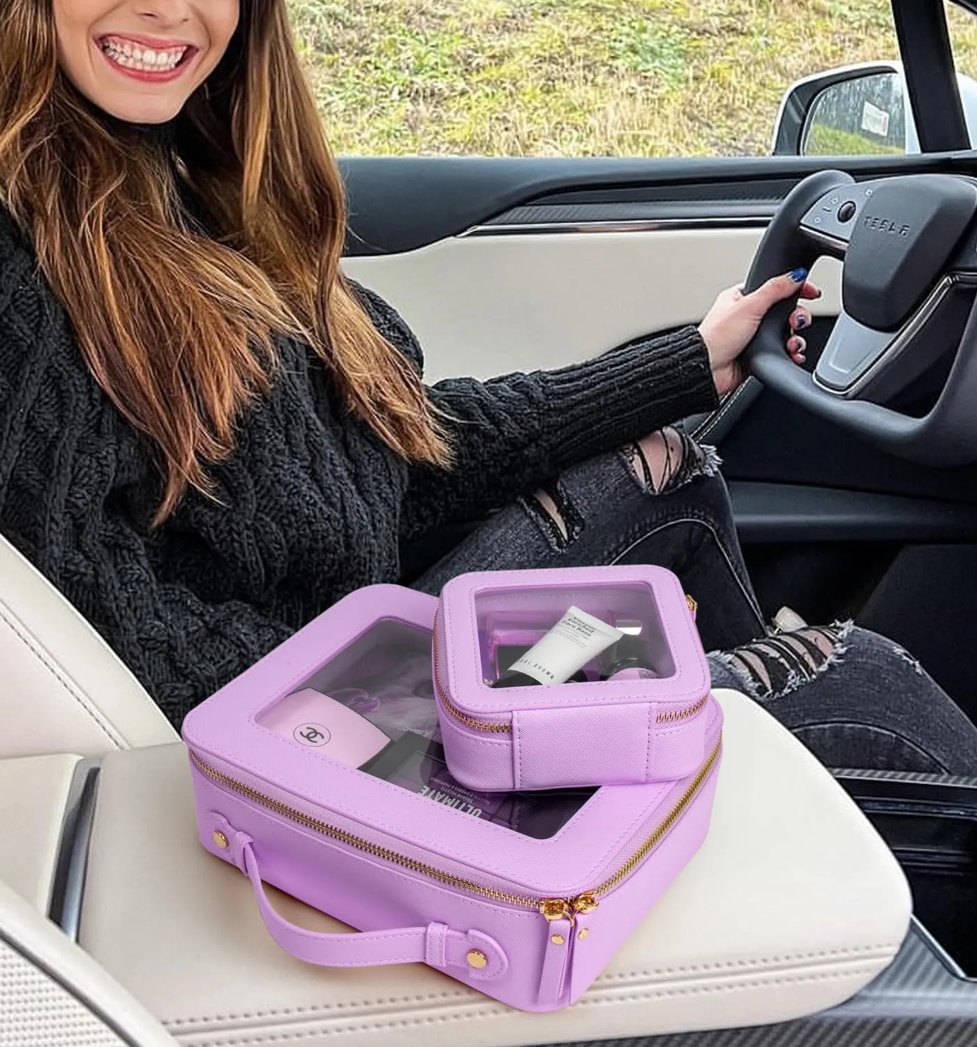 TSA Approved Toiletry Bag with Handle - Large Opening, Travel Car Essentials Organizer Storage - Clear Cosmetic Bag (Purple, Mini & Large)