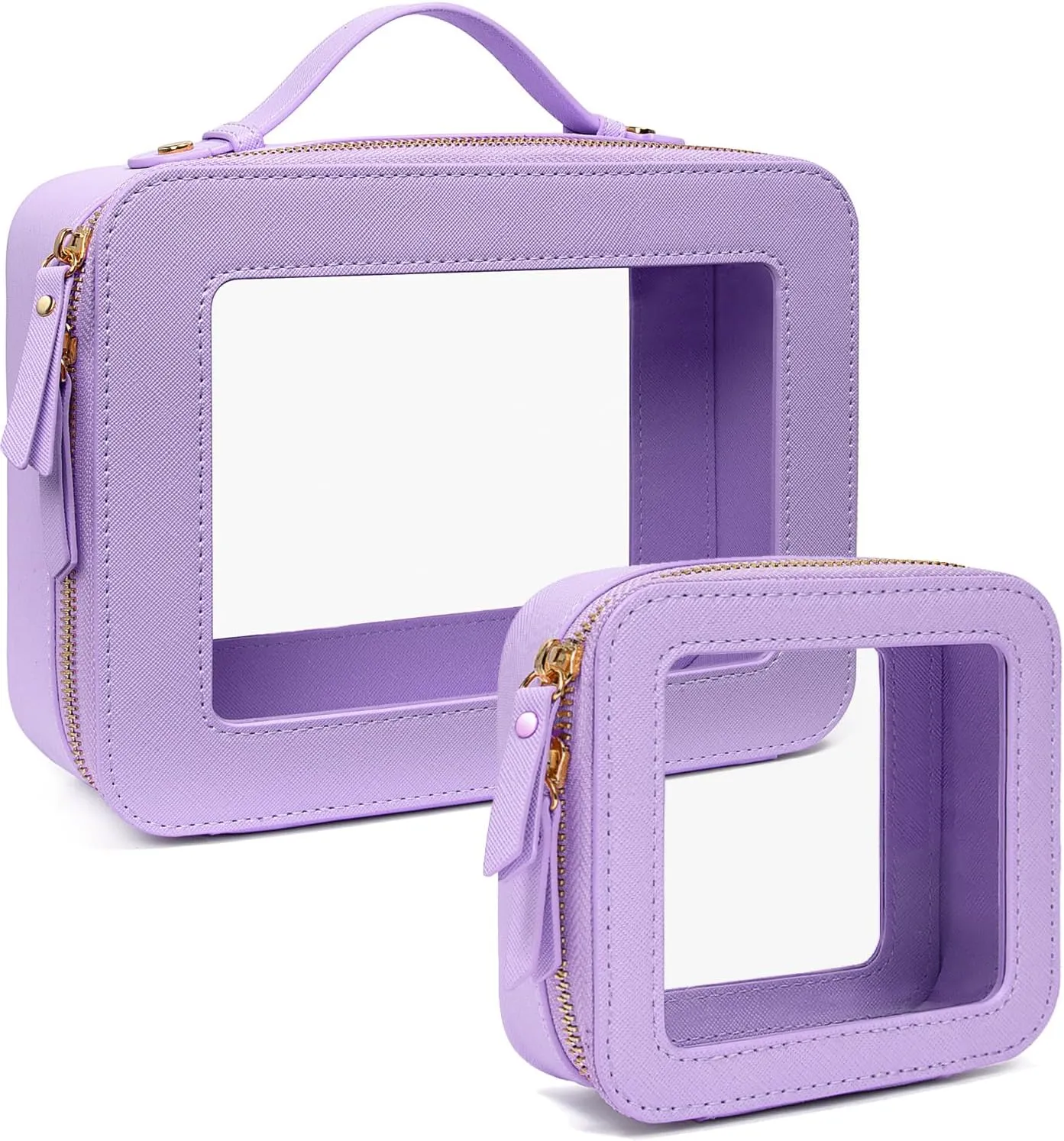 TSA Approved Toiletry Bag with Handle - Large Opening, Travel Car Essentials Organizer Storage - Clear Cosmetic Bag (Purple, Mini & Large)