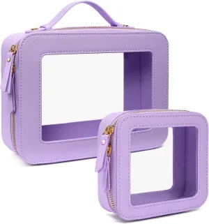 TSA Approved Toiletry Bag with Handle - Large Opening, Travel Car Essentials Organizer Storage - Clear Cosmetic Bag (Purple, Mini & Large)