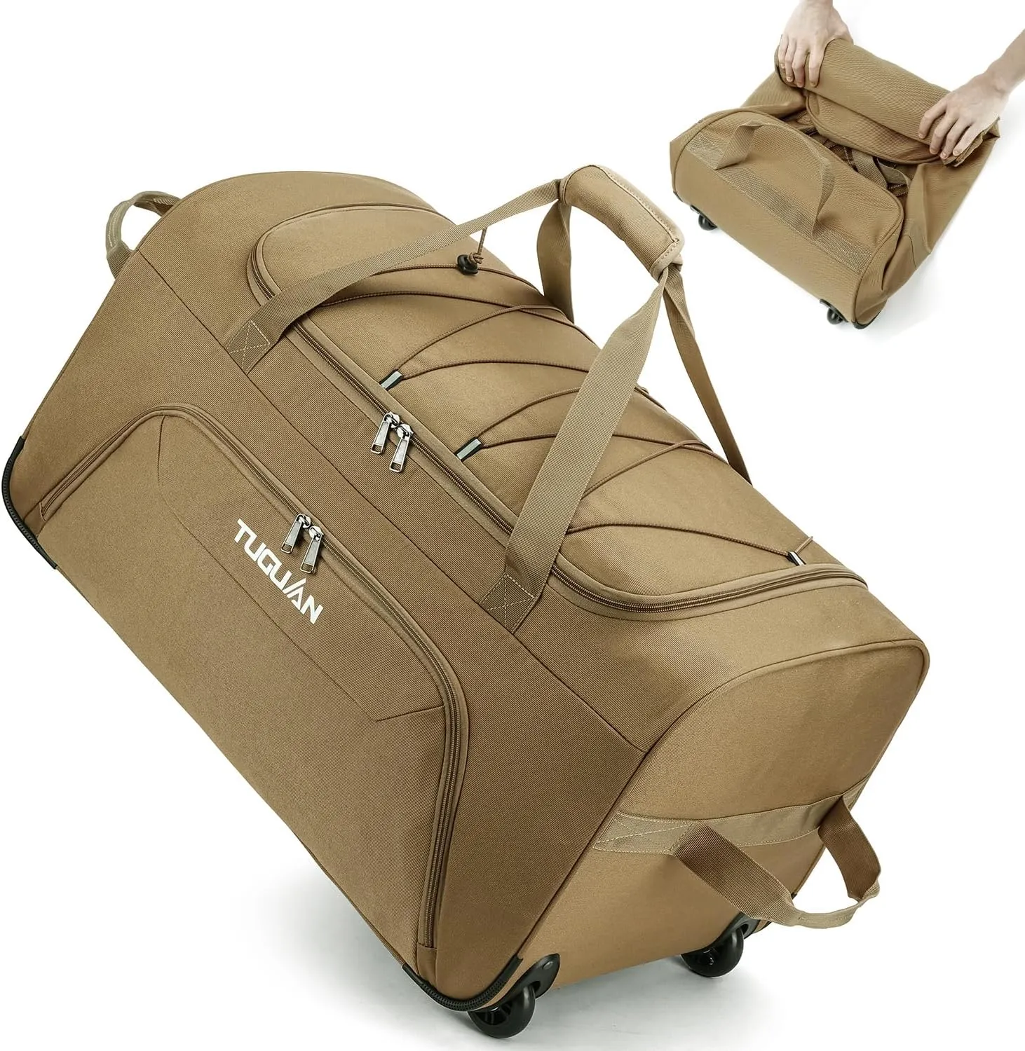 TUGUAN Gym bag for Men with Wheels, 110L Large Rolling Overnight Weekender Duffle Bag with Shoes Compartment, Packable Folding Duffle Bag for Travel Camping Storage, Workout Sports Duffel Bag, Brown