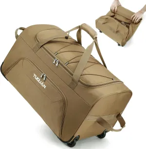 TUGUAN Gym bag for Men with Wheels, 110L Large Rolling Overnight Weekender Duffle Bag with Shoes Compartment, Packable Folding Duffle Bag for Travel Camping Storage, Workout Sports Duffel Bag, Brown