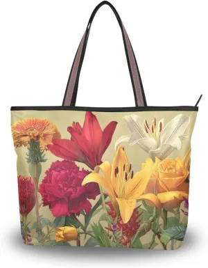 Tulips Women Tote Bag Purse Zipper Closure Reusable Grocery Handbag Large