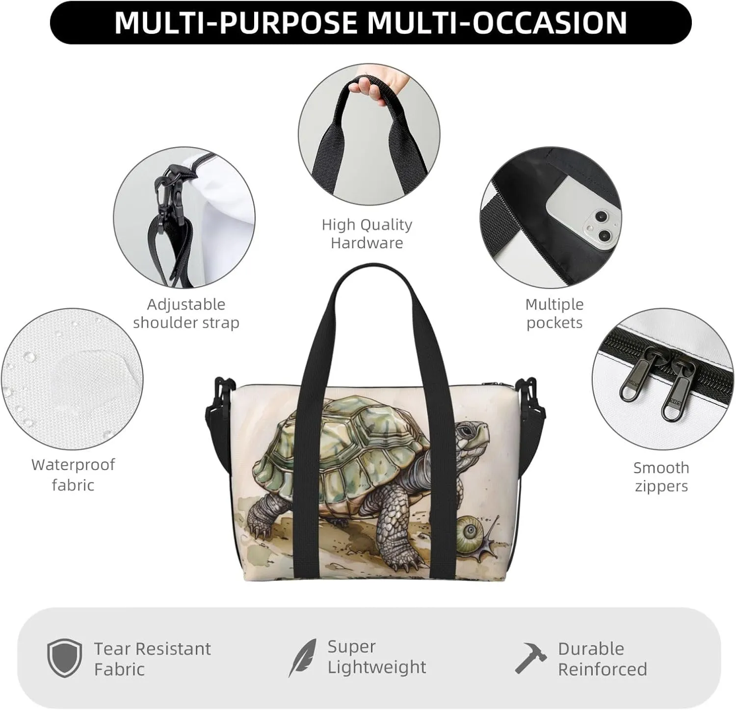 turtle snail print Travel Duffel Bag, Sports Tote Gym Bag, Swim Pool Bag Large Shoulder Tote Bag for Beach Weekender