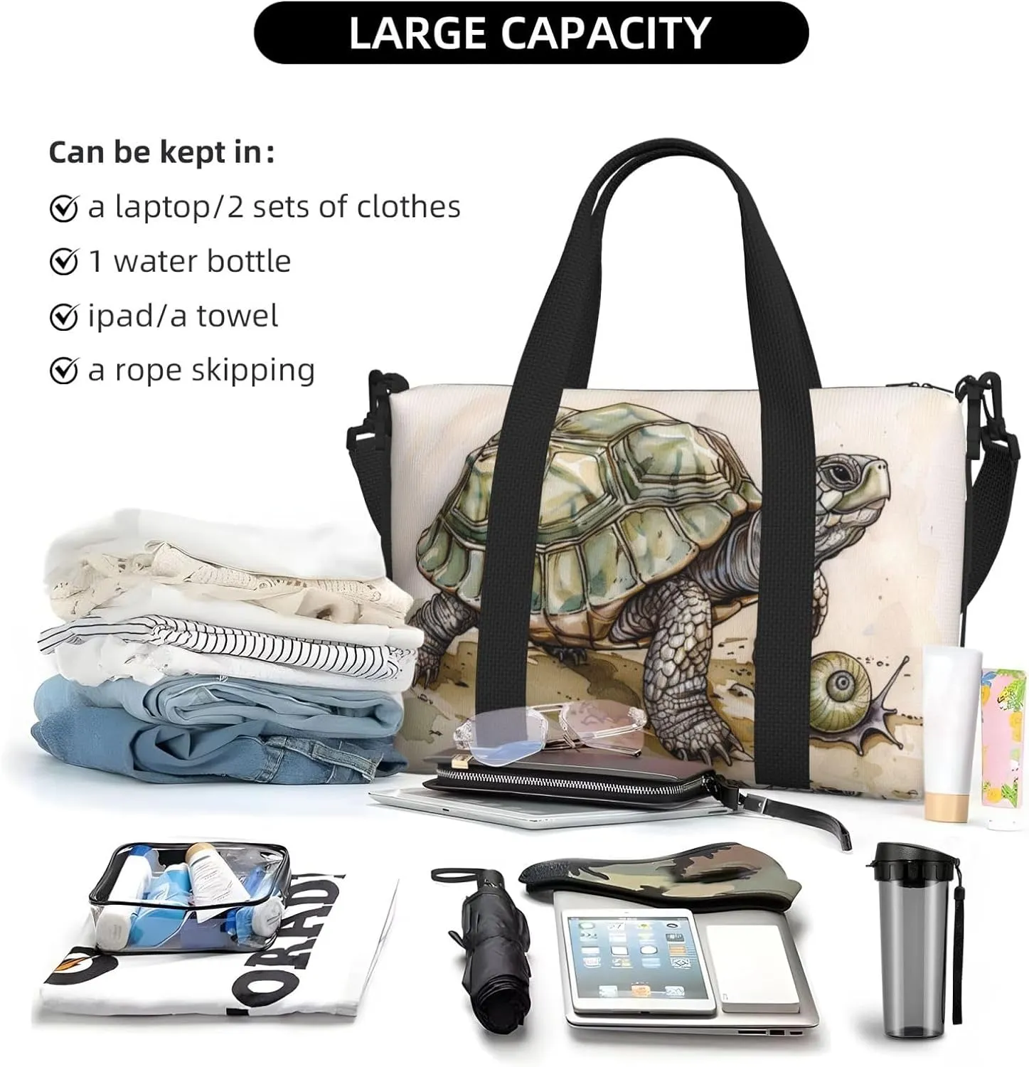 turtle snail print Travel Duffel Bag, Sports Tote Gym Bag, Swim Pool Bag Large Shoulder Tote Bag for Beach Weekender