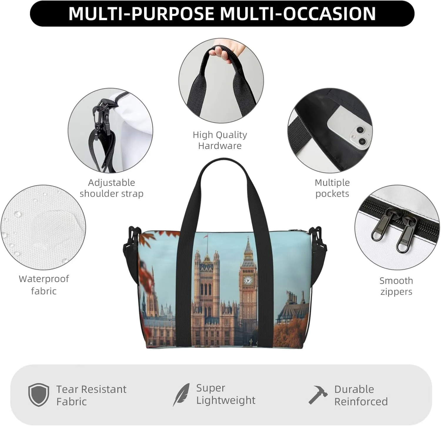 uk Bridge print Travel Duffel Bag, Sports Tote Gym Bag, Swim Pool Bag Large Shoulder Tote Bag for Beach Weekender