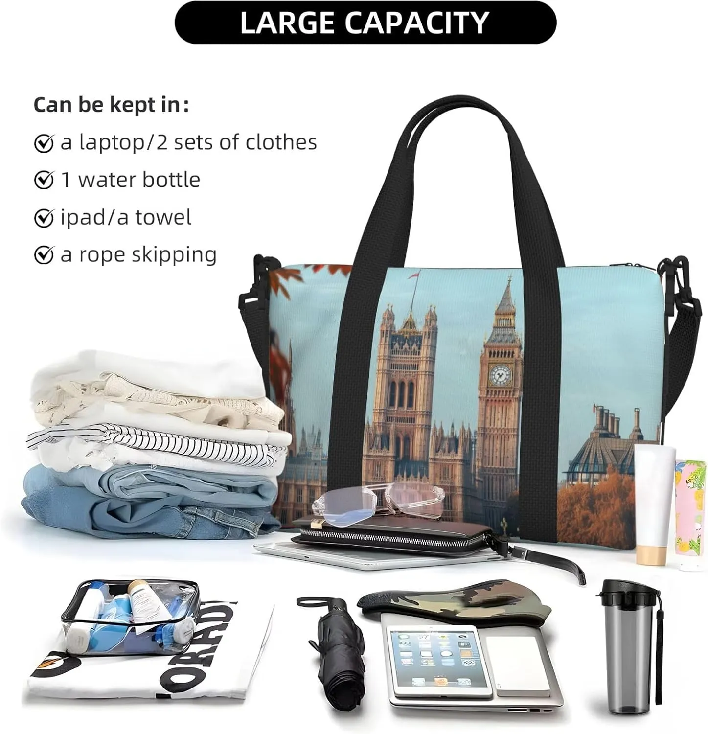 uk Bridge print Travel Duffel Bag, Sports Tote Gym Bag, Swim Pool Bag Large Shoulder Tote Bag for Beach Weekender