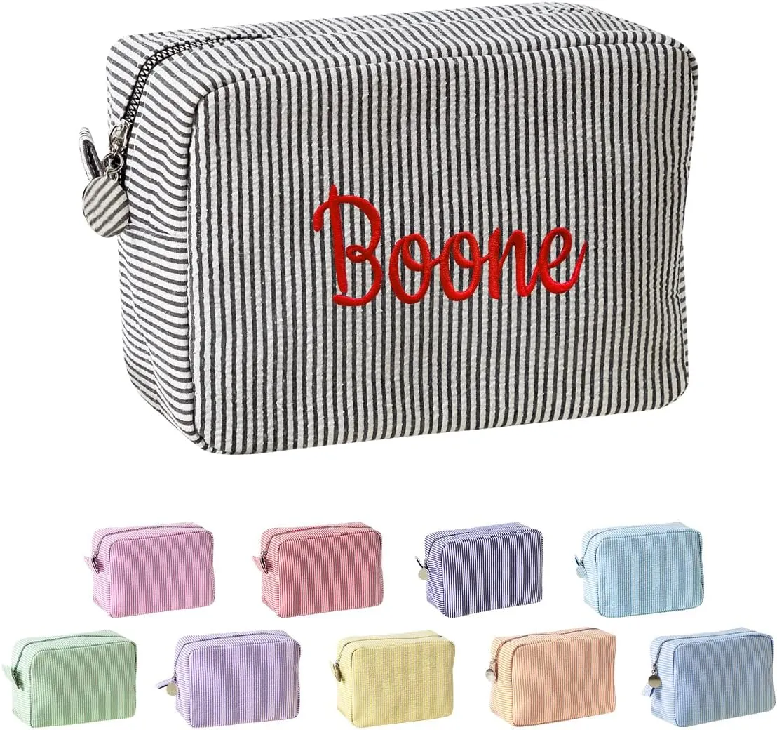 Ulico Personalized Cosmetic Bag Embroidered Name,Custom Monogrammed Makeup Bag，Seersucker Travel Toiletry Bag for Women Girls