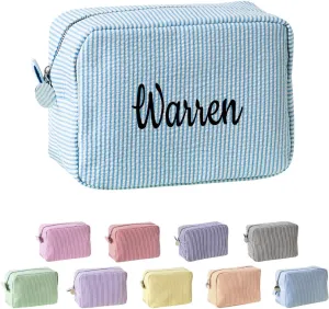 Ulico Personalized Cosmetic Bag Embroidered Name,Custom Monogrammed Makeup Bag，Seersucker Travel Toiletry Bag for Women Girls