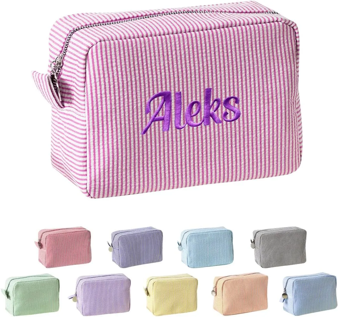 Ulico Personalized Cosmetic Bag Embroidered Name,Custom Monogrammed Makeup Bag，Seersucker Travel Toiletry Bag for Women Girls