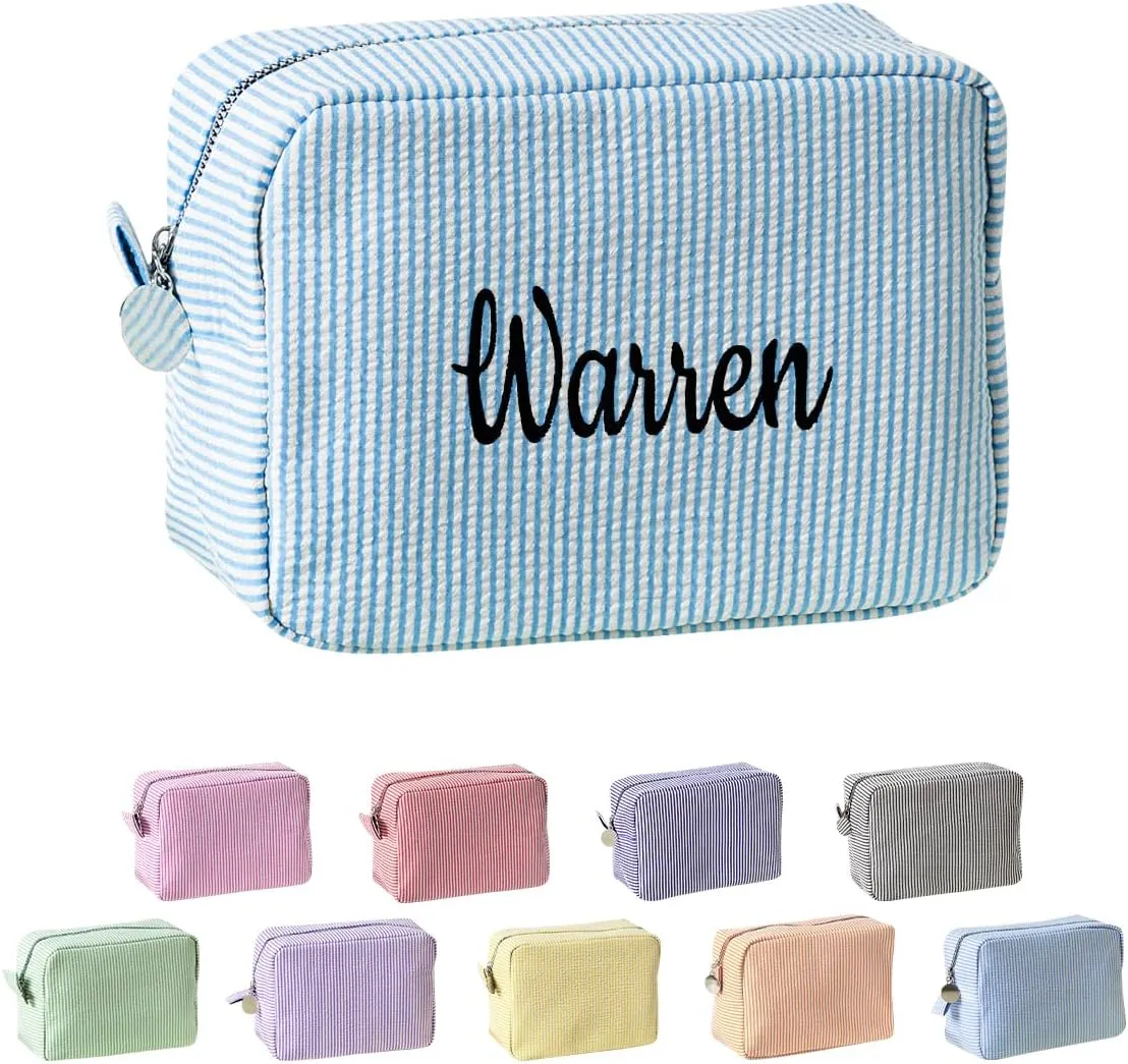 Ulico Personalized Cosmetic Bag Embroidered Name,Custom Monogrammed Makeup Bag，Seersucker Travel Toiletry Bag for Women Girls