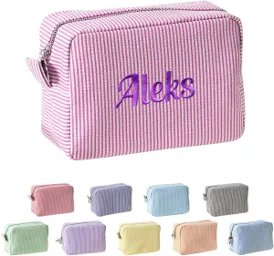 Ulico Personalized Cosmetic Bag Embroidered Name,Custom Monogrammed Makeup Bag，Seersucker Travel Toiletry Bag for Women Girls