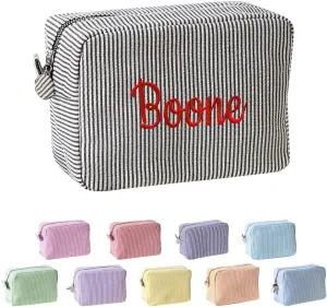 Ulico Personalized Cosmetic Bag Embroidered Name,Custom Monogrammed Makeup Bag，Seersucker Travel Toiletry Bag for Women Girls