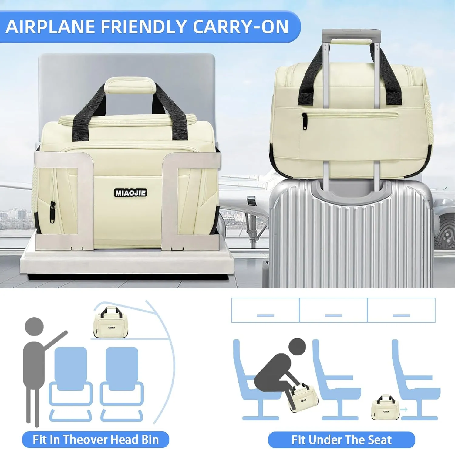 Underseat Carry On Luggage Lightweight Travel Tote Weekender Bag Overnight Duffle Bag for Travel, Travel Essentials Personal Item Travel Bag for Women and Men, Beige-16Inch