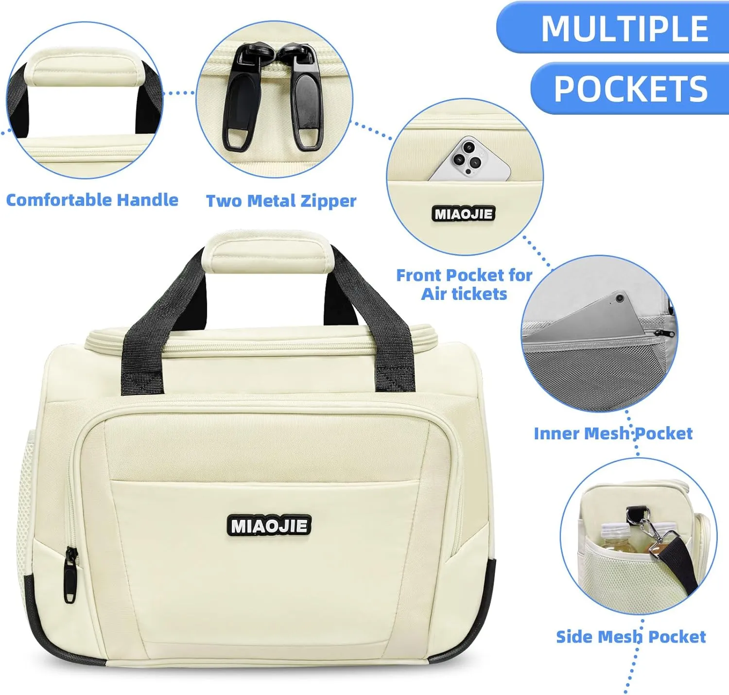 Underseat Carry On Luggage Lightweight Travel Tote Weekender Bag Overnight Duffle Bag for Travel, Travel Essentials Personal Item Travel Bag for Women and Men, Beige-16Inch