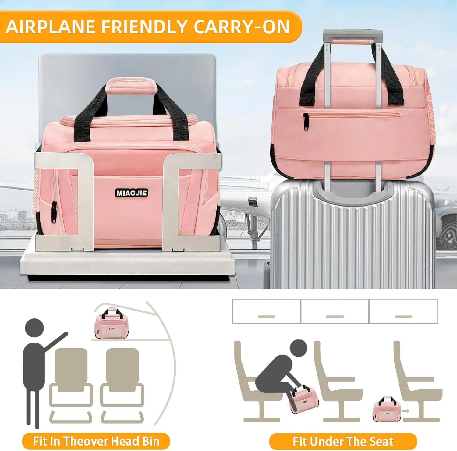 Underseat Carry On Luggage - Lightweight Travel Tote Weekender Bag Overnight Duffle for Travel, Personal Item - Pink-16Inch