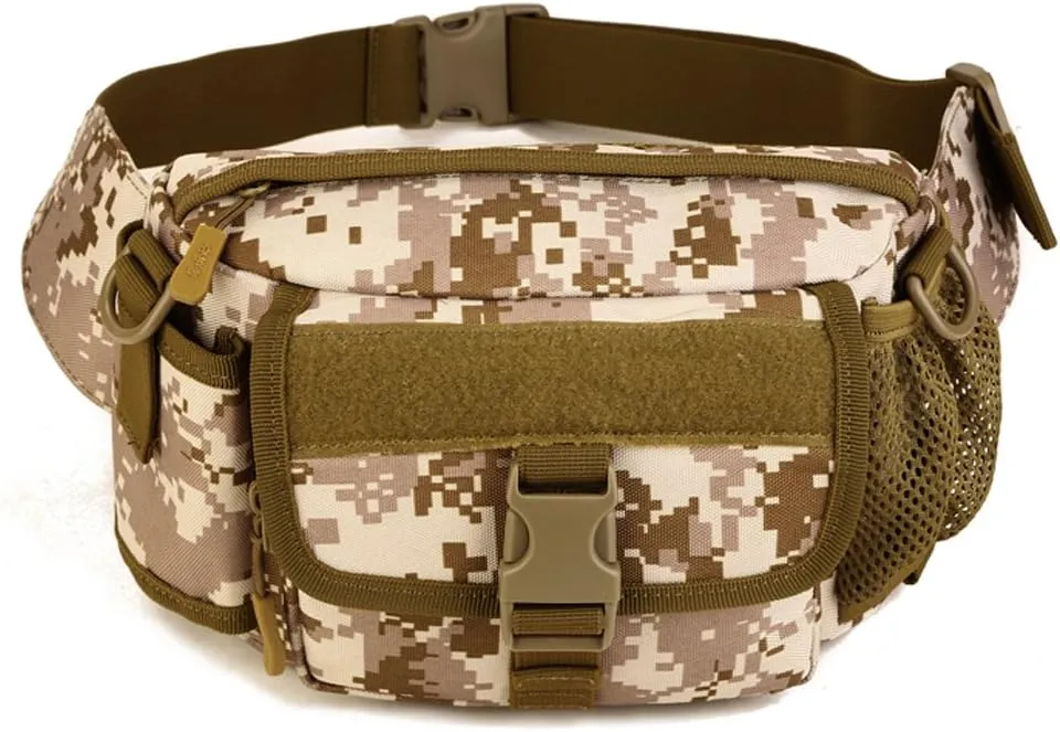 UNISTRENGH Multi Functional Waist Pack Military Single Shoulder Hip Belt Fanny Bag Water Resistant Waist Pouch with Water Bottle Pocket Holder for Hiking Climbing Outdoor Bumbag (Desert Camouflage)