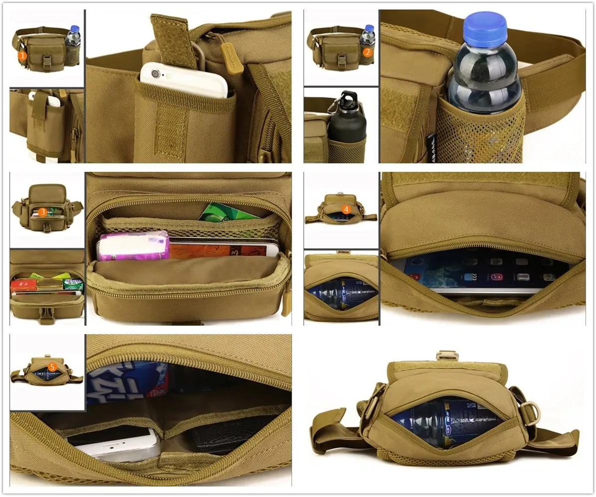 UNISTRENGH Multi Functional Waist Pack Military Single Shoulder Hip Belt Fanny Bag Water Resistant Waist Pouch with Water Bottle Pocket Holder for Hiking Climbing Outdoor Bumbag (Desert Camouflage)