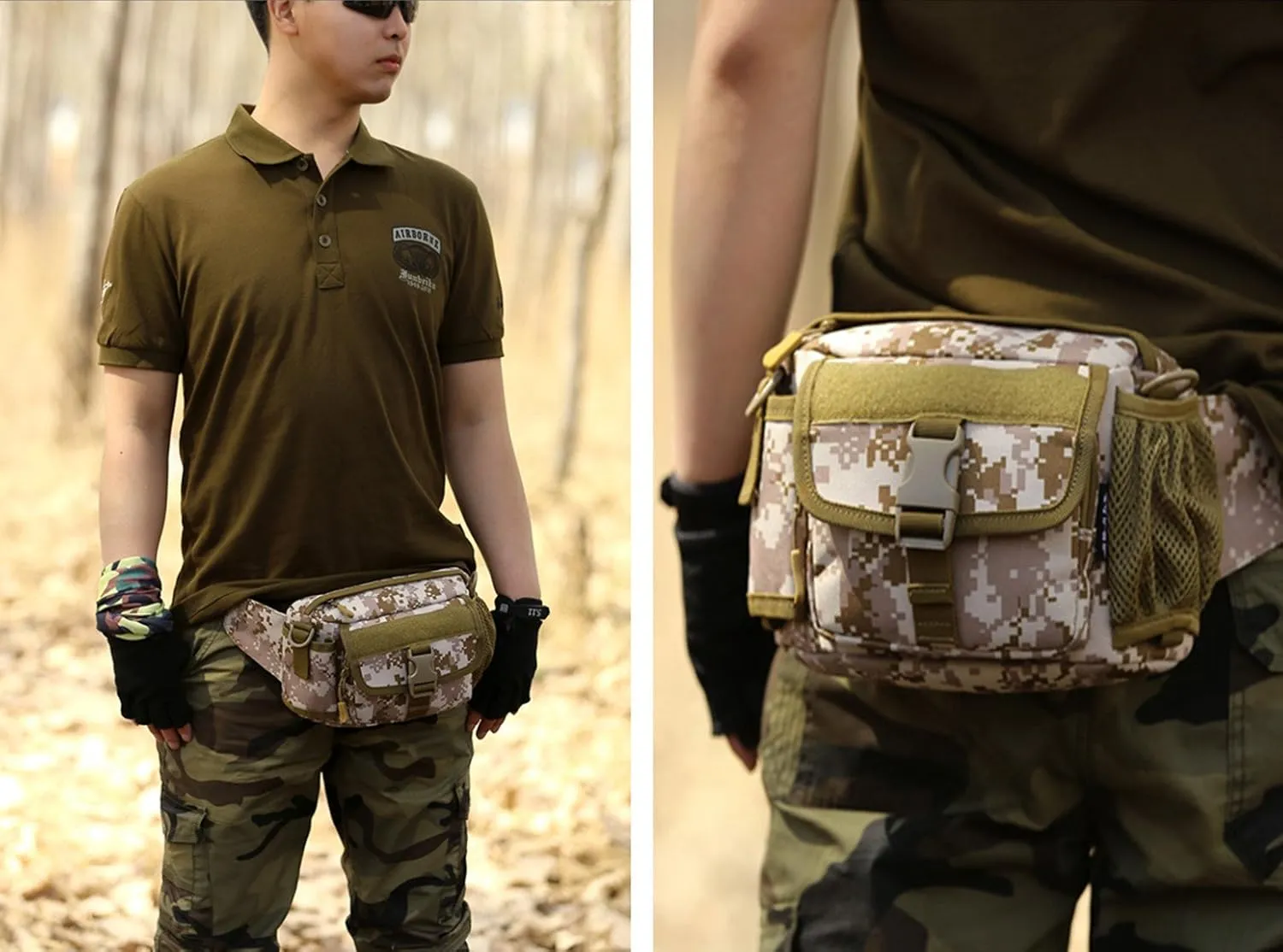 UNISTRENGH Multi Functional Waist Pack Military Single Shoulder Hip Belt Fanny Bag Water Resistant Waist Pouch with Water Bottle Pocket Holder for Hiking Climbing Outdoor Bumbag (Desert Camouflage)