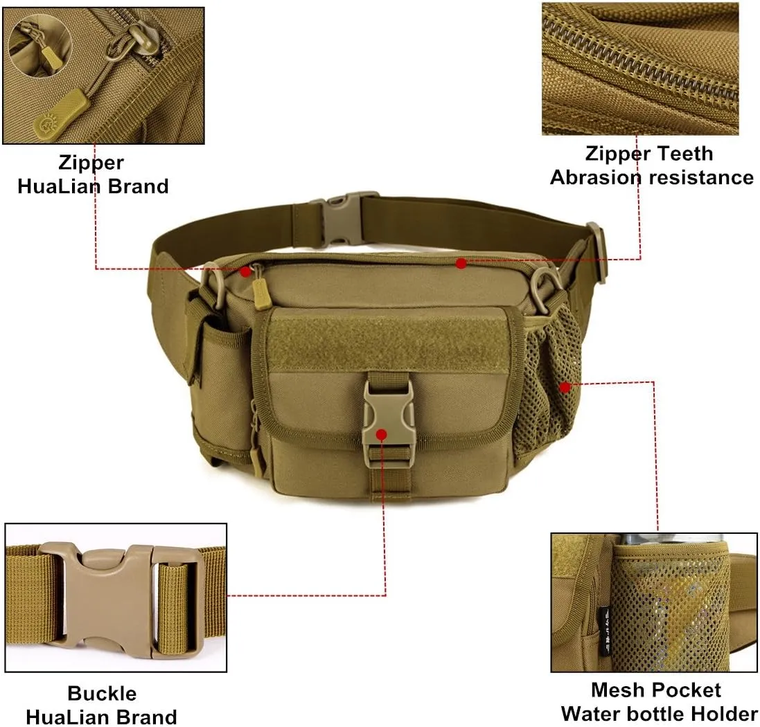 UNISTRENGH Multi Functional Waist Pack Military Single Shoulder Hip Belt Fanny Bag Water Resistant Waist Pouch with Water Bottle Pocket Holder for Hiking Climbing Outdoor Bumbag (Desert Camouflage)