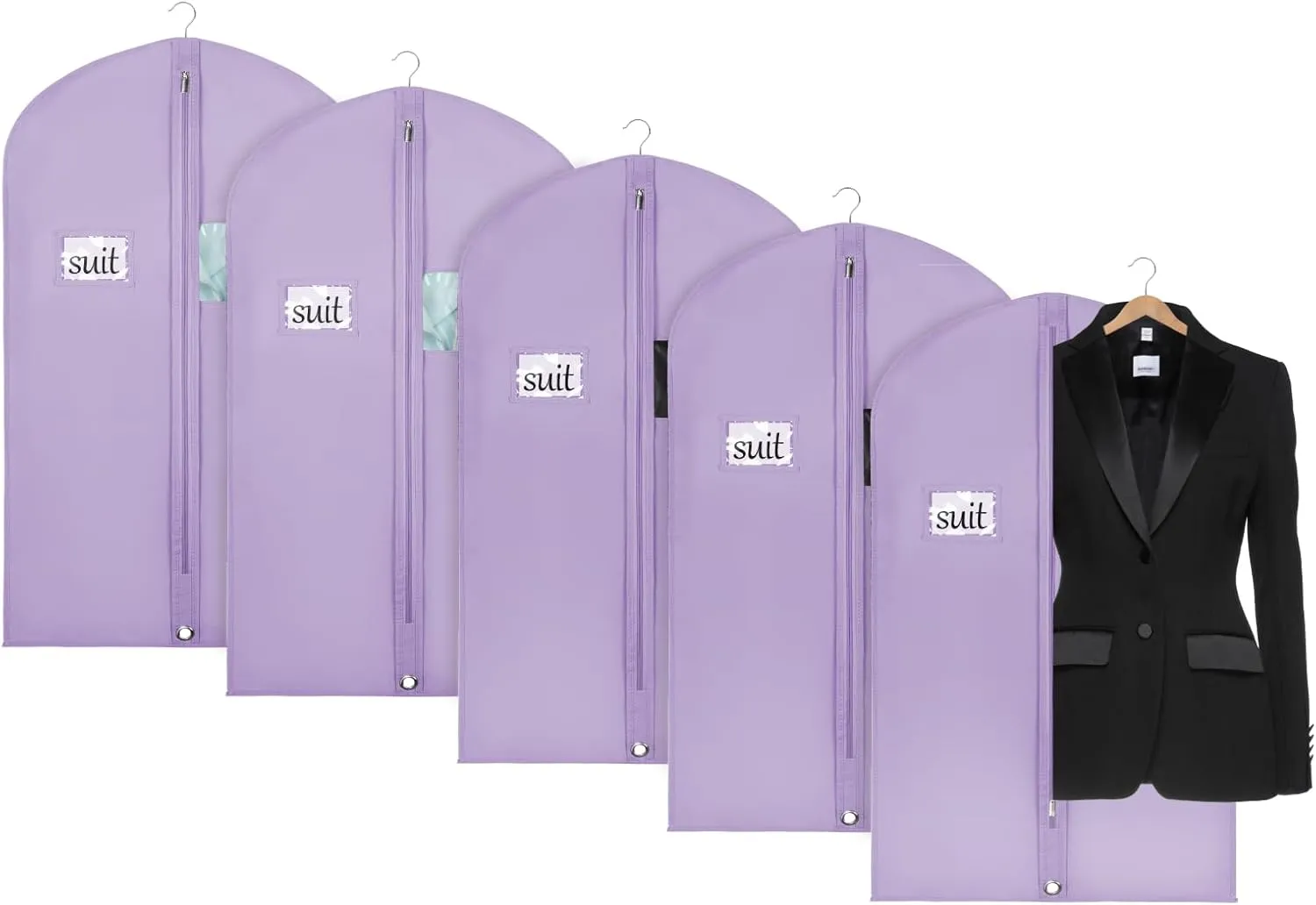 Univivi Garment Bag for Hanging Clothes, 40" Suit Bag for Storage, Short Dresses Garment Bag for Woman, Suit Bags with Clear Window and ID Card Holder for T-shirt, Coat, Jacket - Purple Set of 5
