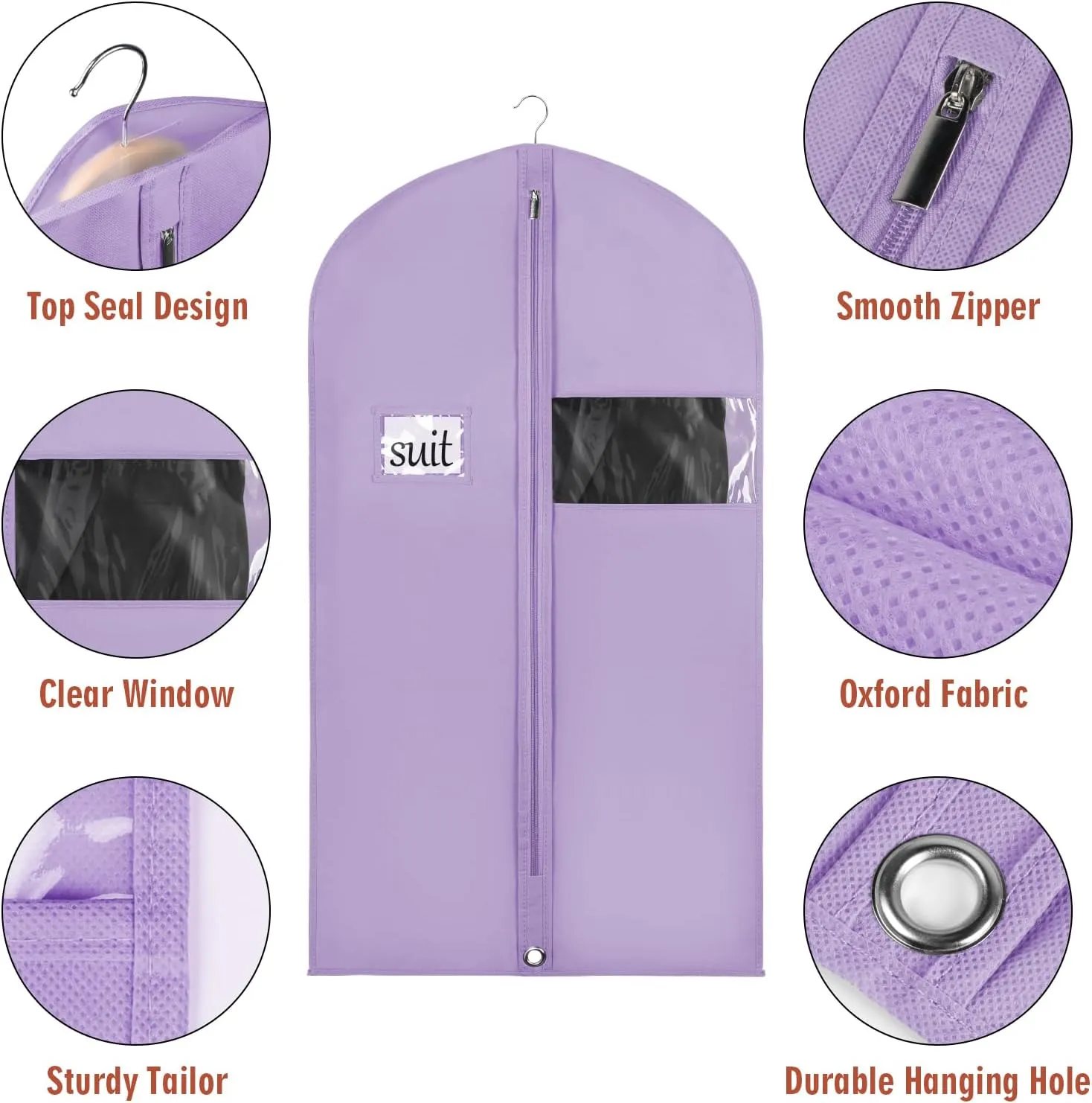 Univivi Garment Bag for Hanging Clothes, 40" Suit Bag for Storage, Short Dresses Garment Bag for Woman, Suit Bags with Clear Window and ID Card Holder for T-shirt, Coat, Jacket - Purple Set of 5