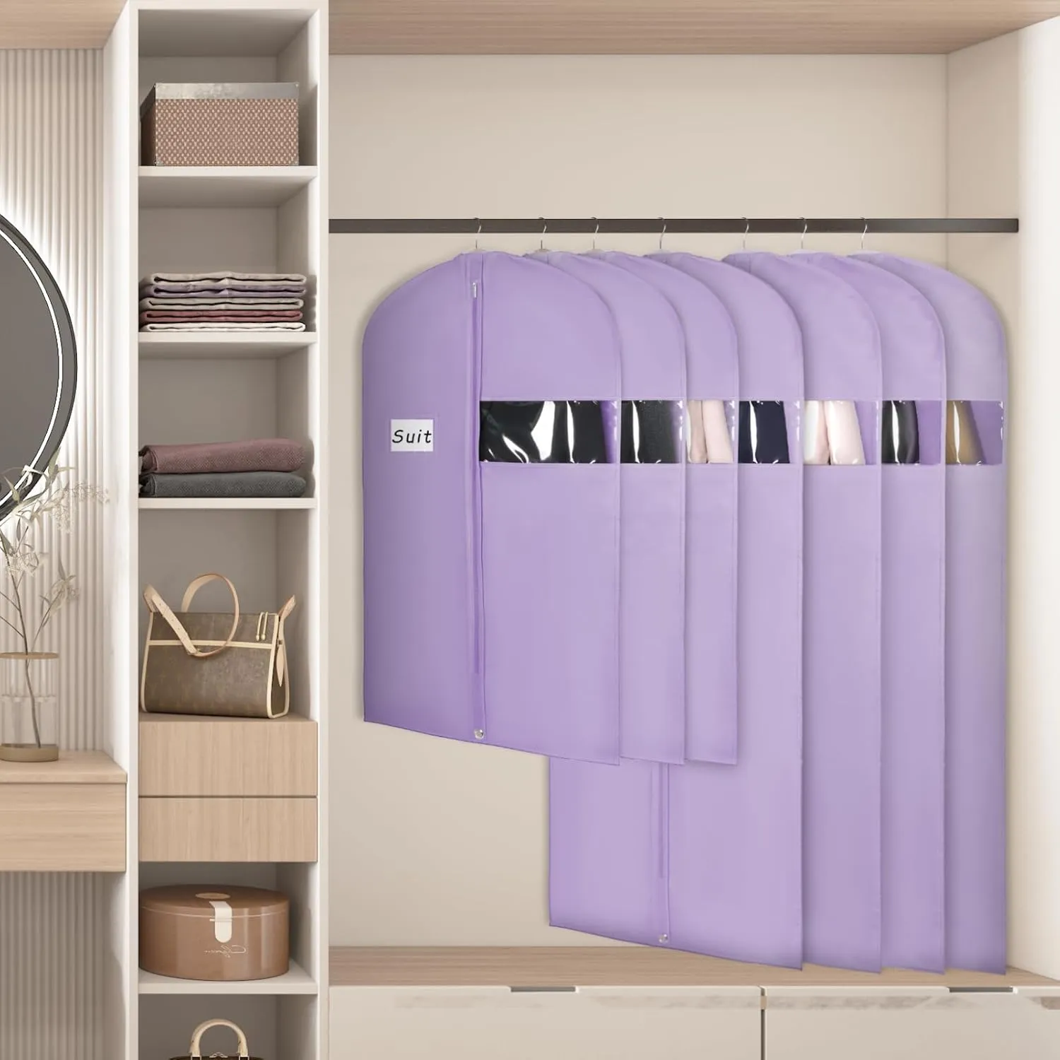 Univivi Garment Bag for Hanging Clothes, 40" Suit Bag for Storage, Short Dresses Garment Bag for Woman, Suit Bags with Clear Window and ID Card Holder for T-shirt, Coat, Jacket - Purple Set of 5