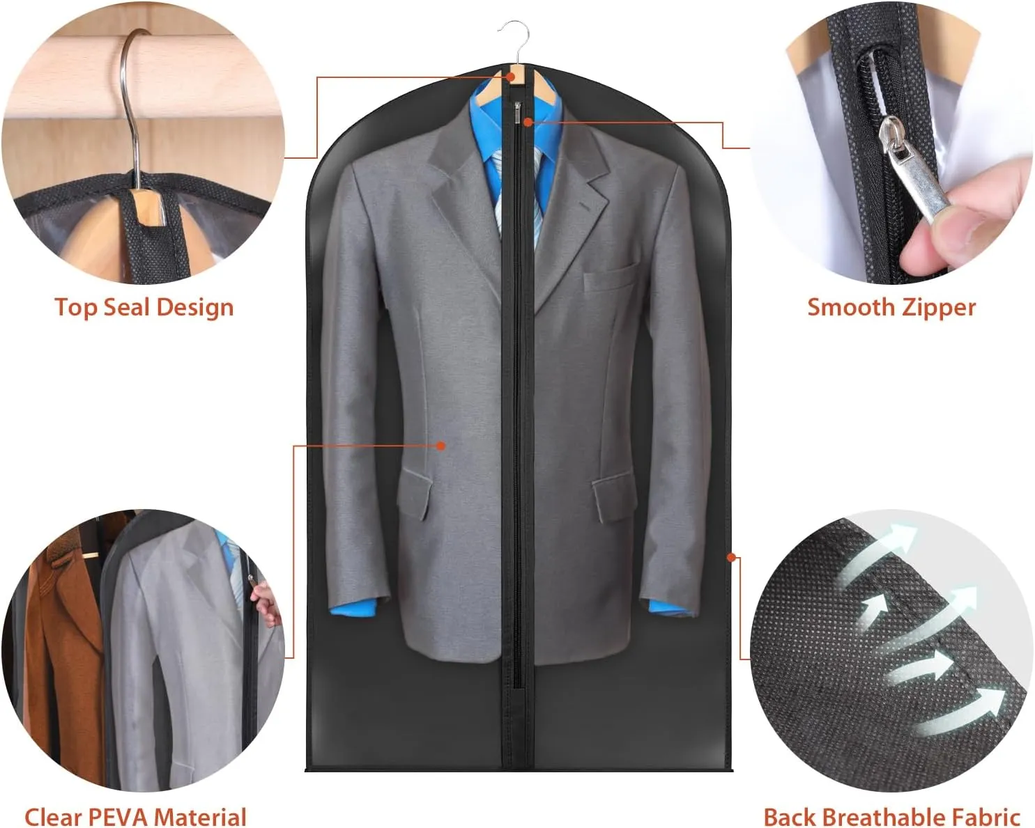 Univivi Suit Bag Garment Bags for Storage, 43" Clear Garment Bags for Hanging Clothes, Garment Cover for Shirts, Suits, Coats, 8-Pack