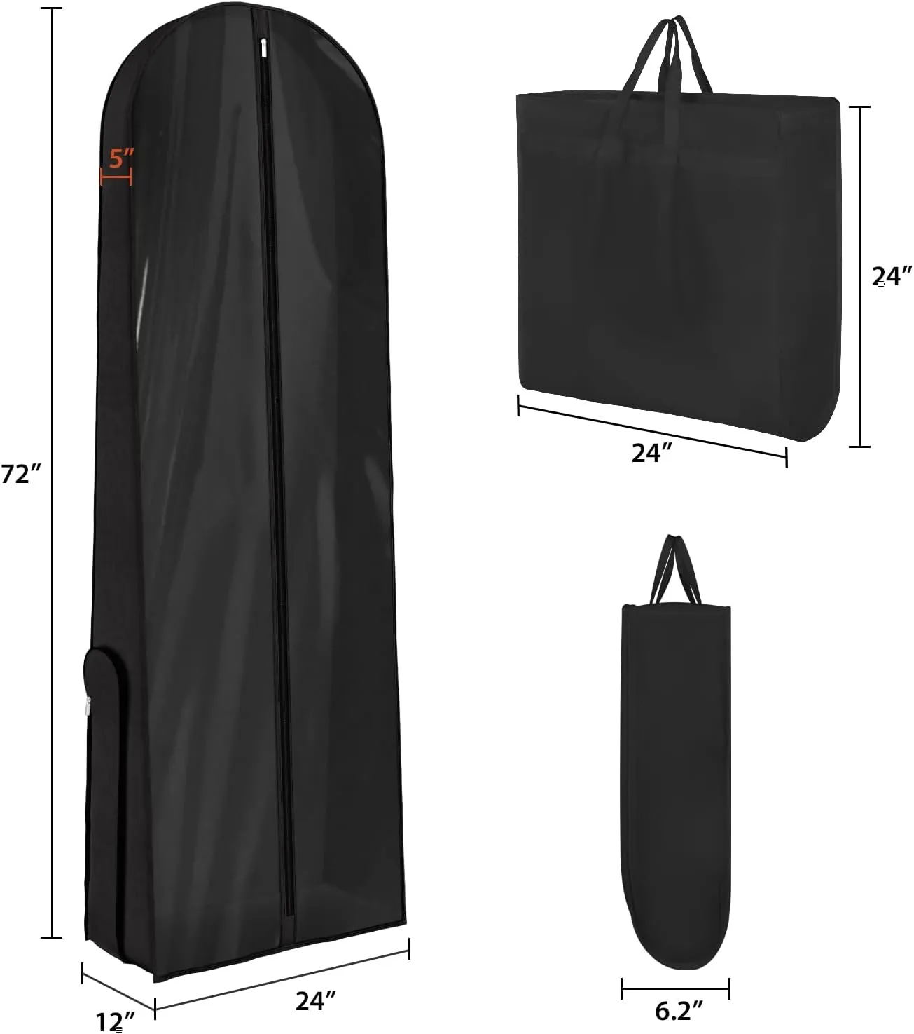 Univivi Wedding Dress Garment Bag, 72" Portable Bridal Dress Bags for Gowns Long, 12'' Gusseted Long Garment Bags with Clear Window and 2 PVC Accessory Pockets for Women, Black