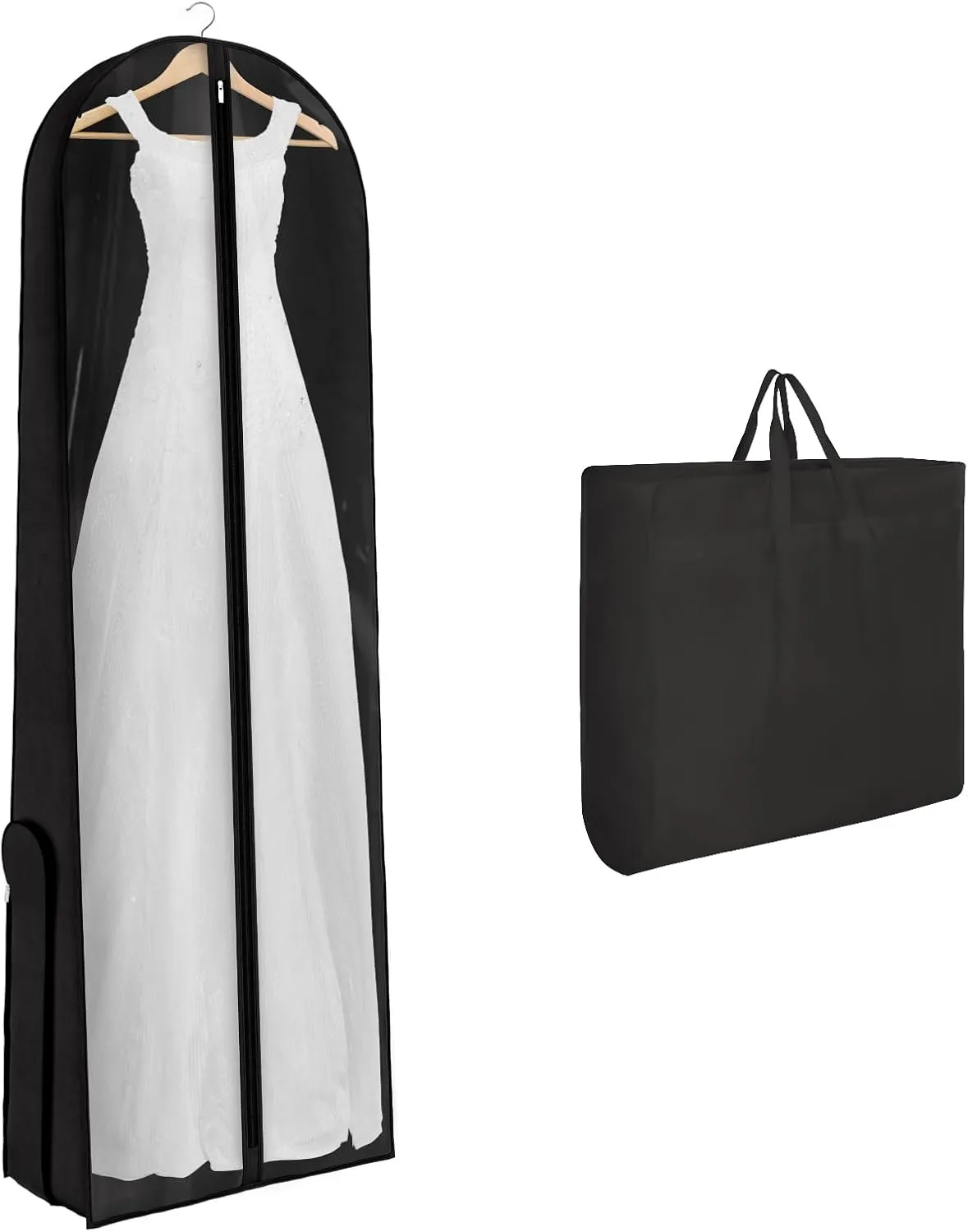 Univivi Wedding Dress Garment Bag, 72" Portable Bridal Dress Bags for Gowns Long, 12'' Gusseted Long Garment Bags with Clear Window and 2 PVC Accessory Pockets for Women, Black