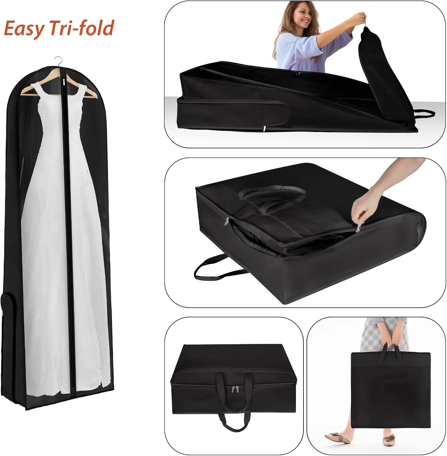 Univivi Wedding Dress Garment Bag, 72" Portable Bridal Dress Bags for Gowns Long, 12'' Gusseted Long Garment Bags with Clear Window and 2 PVC Accessory Pockets for Women, Black