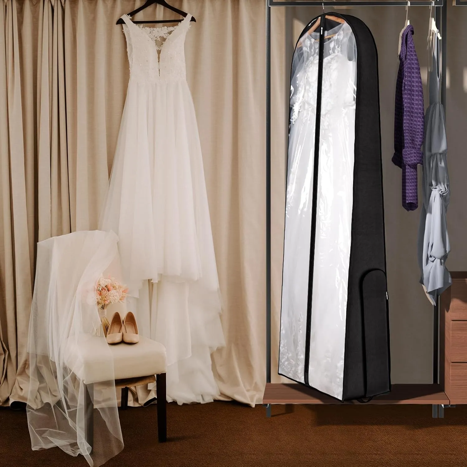 Univivi Wedding Dress Garment Bag, 72" Portable Bridal Dress Bags for Gowns Long, 12'' Gusseted Long Garment Bags with Clear Window and 2 PVC Accessory Pockets for Women, Black