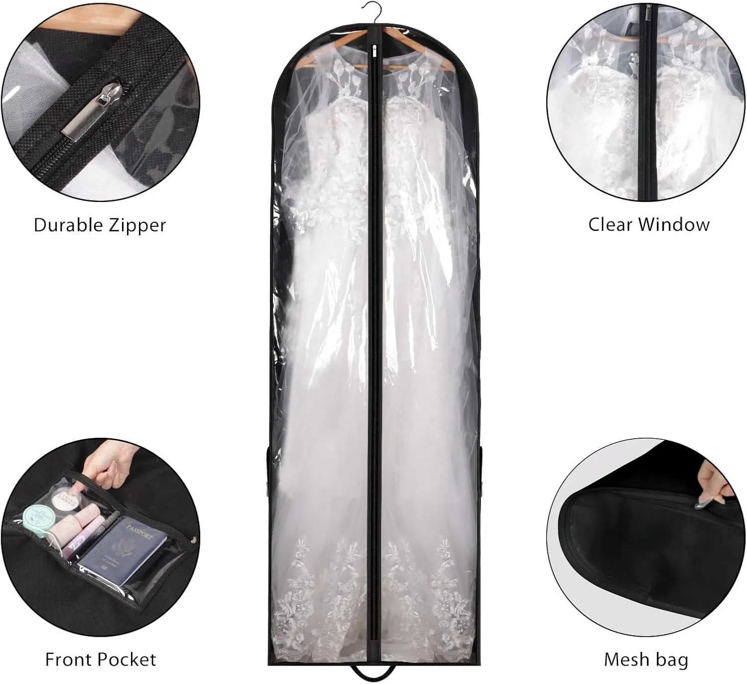 Univivi Wedding Dress Garment Bag, 72" Portable Bridal Dress Bags for Gowns Long, 12'' Gusseted Long Garment Bags with Clear Window and 2 PVC Accessory Pockets for Women, Black