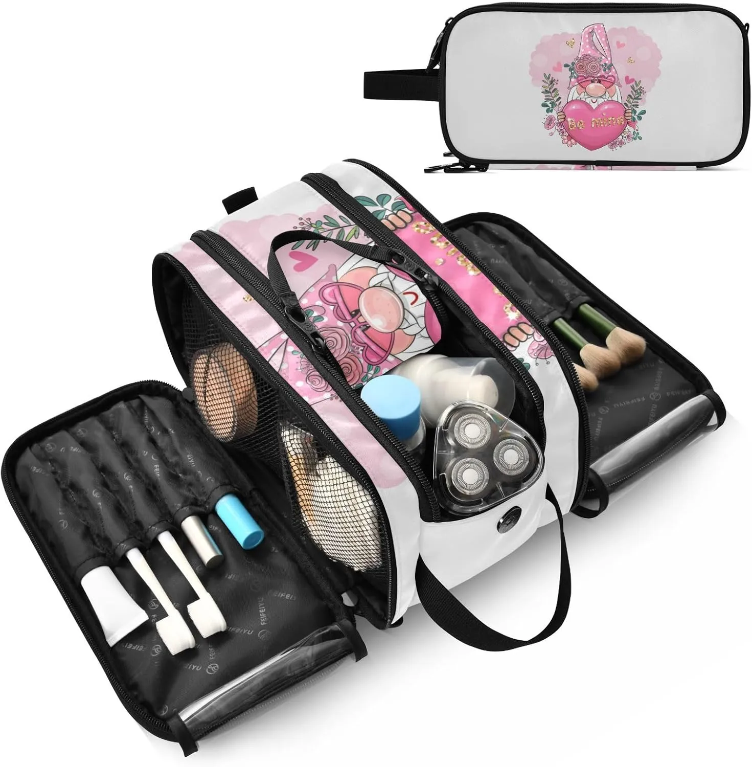 Valentine Be Mine Pink Gnome with Pink Heart, Flowers and Green Leaves Women's Portable Makeup Bag with Handle, Cosmetic Bag, Travel Cosmetic Bag Durable Toiletry Storage Organizer 11 x 7 x 5.7 inch