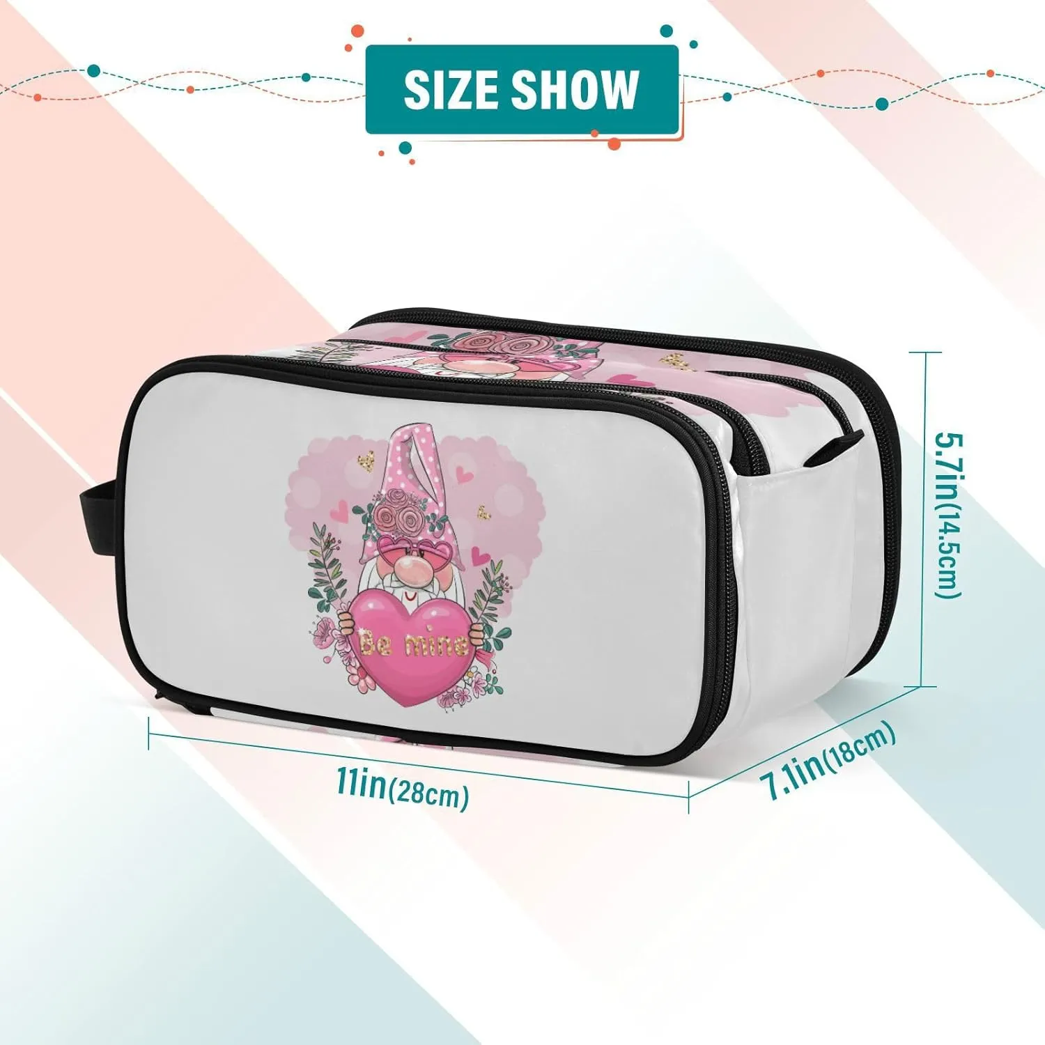 Valentine Be Mine Pink Gnome with Pink Heart, Flowers and Green Leaves Women's Portable Makeup Bag with Handle, Cosmetic Bag, Travel Cosmetic Bag Durable Toiletry Storage Organizer 11 x 7 x 5.7 inch