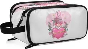 Valentine Be Mine Pink Gnome with Pink Heart, Flowers and Green Leaves Women's Portable Makeup Bag with Handle, Cosmetic Bag, Travel Cosmetic Bag Durable Toiletry Storage Organizer 11 x 7 x 5.7 inch