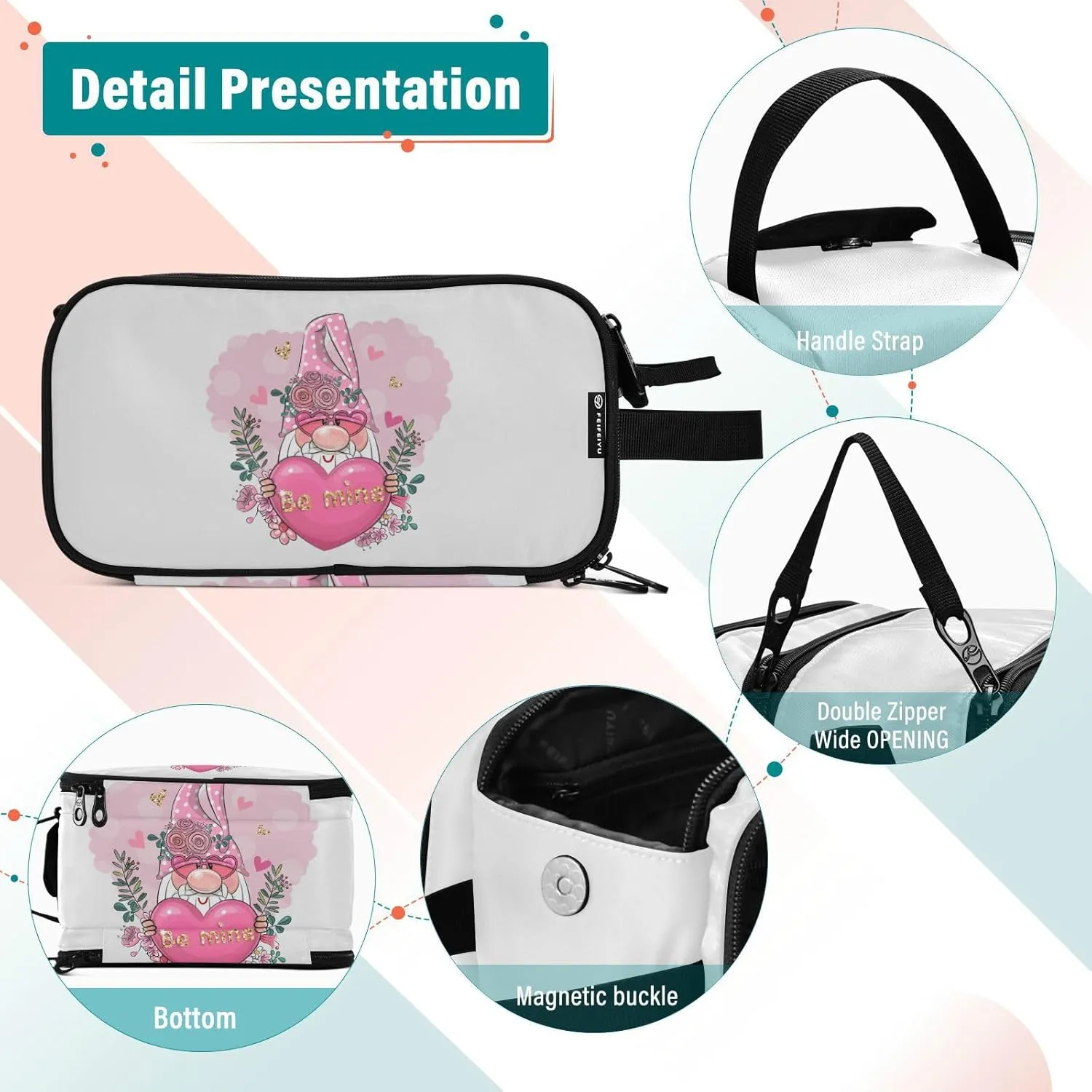 Valentine Be Mine Pink Gnome with Pink Heart, Flowers and Green Leaves Women's Portable Makeup Bag with Handle, Cosmetic Bag, Travel Cosmetic Bag Durable Toiletry Storage Organizer 11 x 7 x 5.7 inch