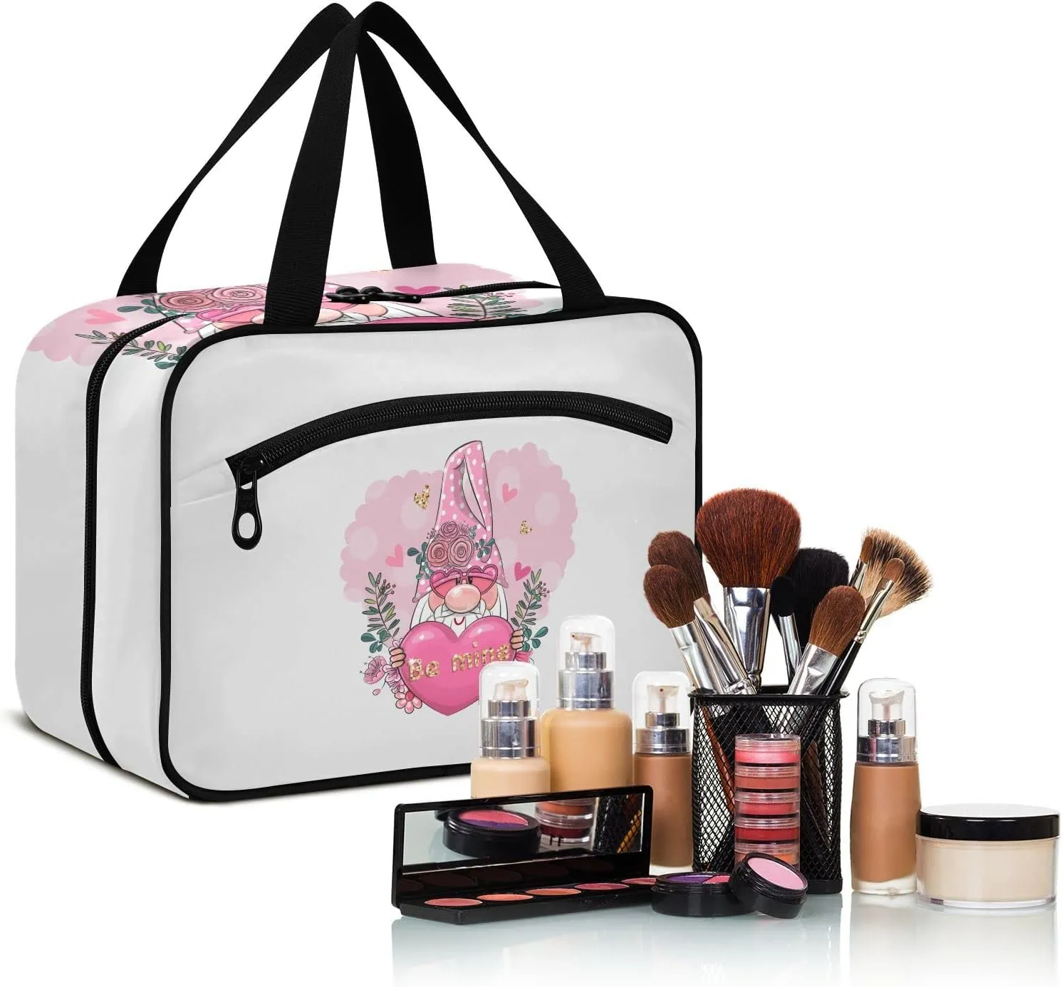 Valentine Be Mine Pink Gnome with Pink Heart, Flowers and Green Leaves Women's Portable Makeup Bag with Handle Cosmetic Bag, Twill Cloth Travel Cosmetic Bag, Polyester Toiletry Bag for Women L Size