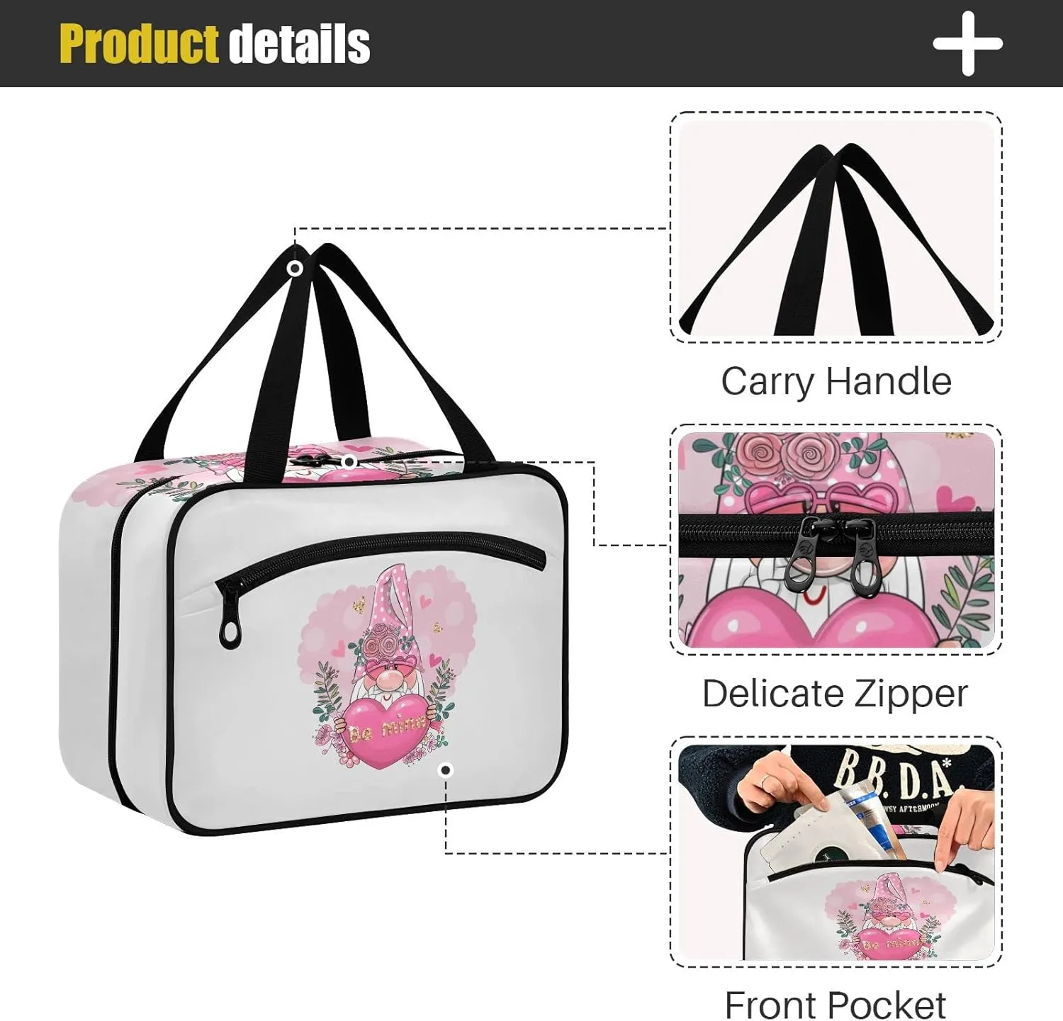 Valentine Be Mine Pink Gnome with Pink Heart, Flowers and Green Leaves Women's Portable Makeup Bag with Handle Cosmetic Bag, Twill Cloth Travel Cosmetic Bag, Polyester Toiletry Bag for Women L Size