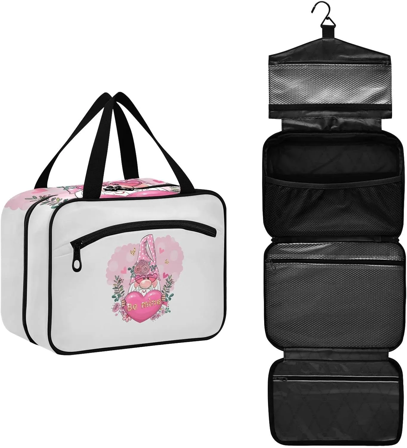 Valentine Be Mine Pink Gnome with Pink Heart, Flowers and Green Leaves Women's Portable Makeup Bag with Handle Cosmetic Bag, Twill Cloth Travel Cosmetic Bag, Polyester Toiletry Bag for Women L Size