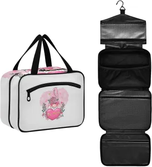 Valentine Be Mine Pink Gnome with Pink Heart, Flowers and Green Leaves Women's Portable Makeup Bag with Handle Cosmetic Bag, Twill Cloth Travel Cosmetic Bag, Polyester Toiletry Bag for Women L Size