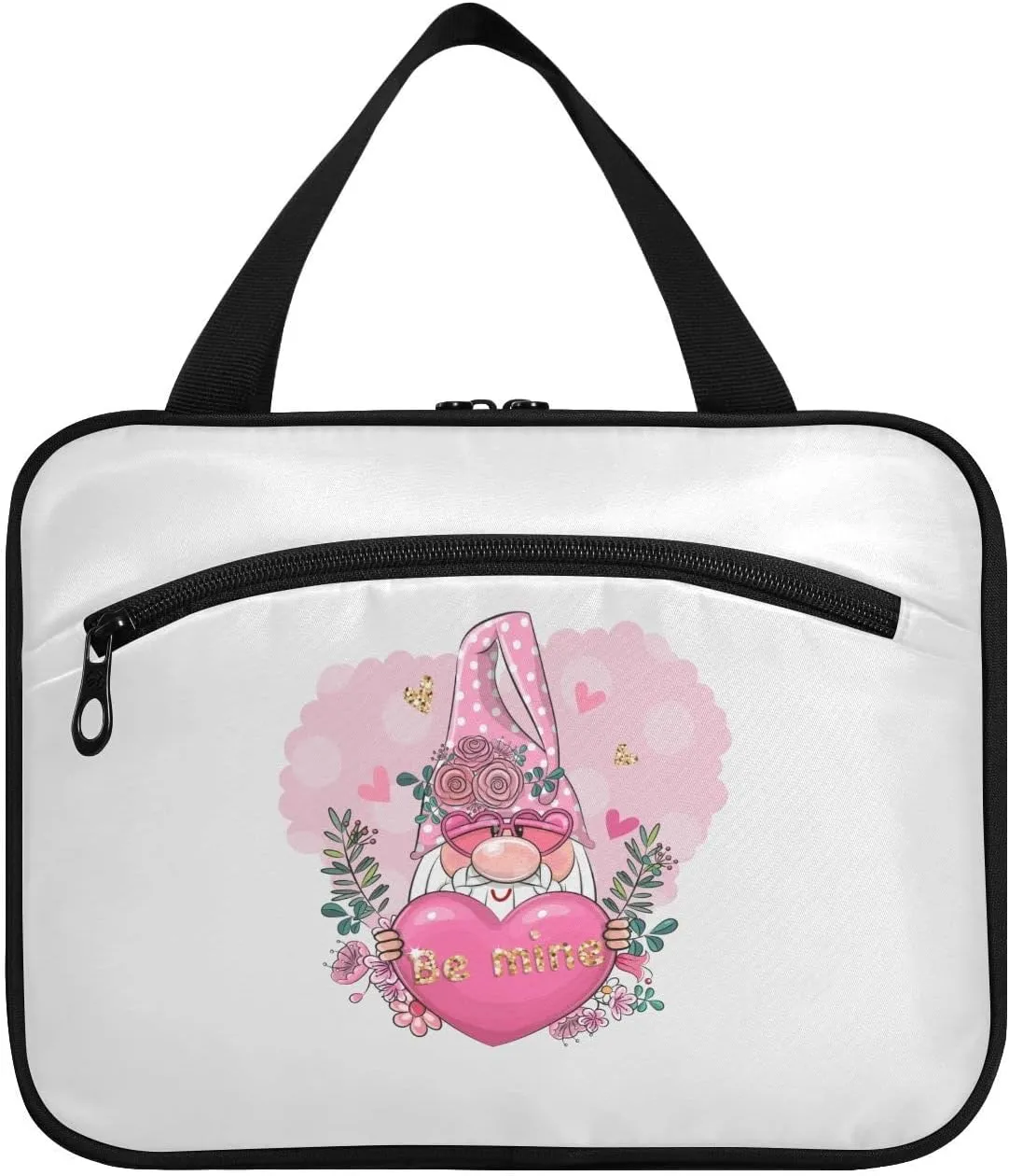Valentine Be Mine Pink Gnome with Pink Heart, Flowers and Green Leaves Women's Portable Makeup Bag with Handle Cosmetic Bag, Twill Cloth Travel Cosmetic Bag, Polyester Toiletry Bag for Women L Size