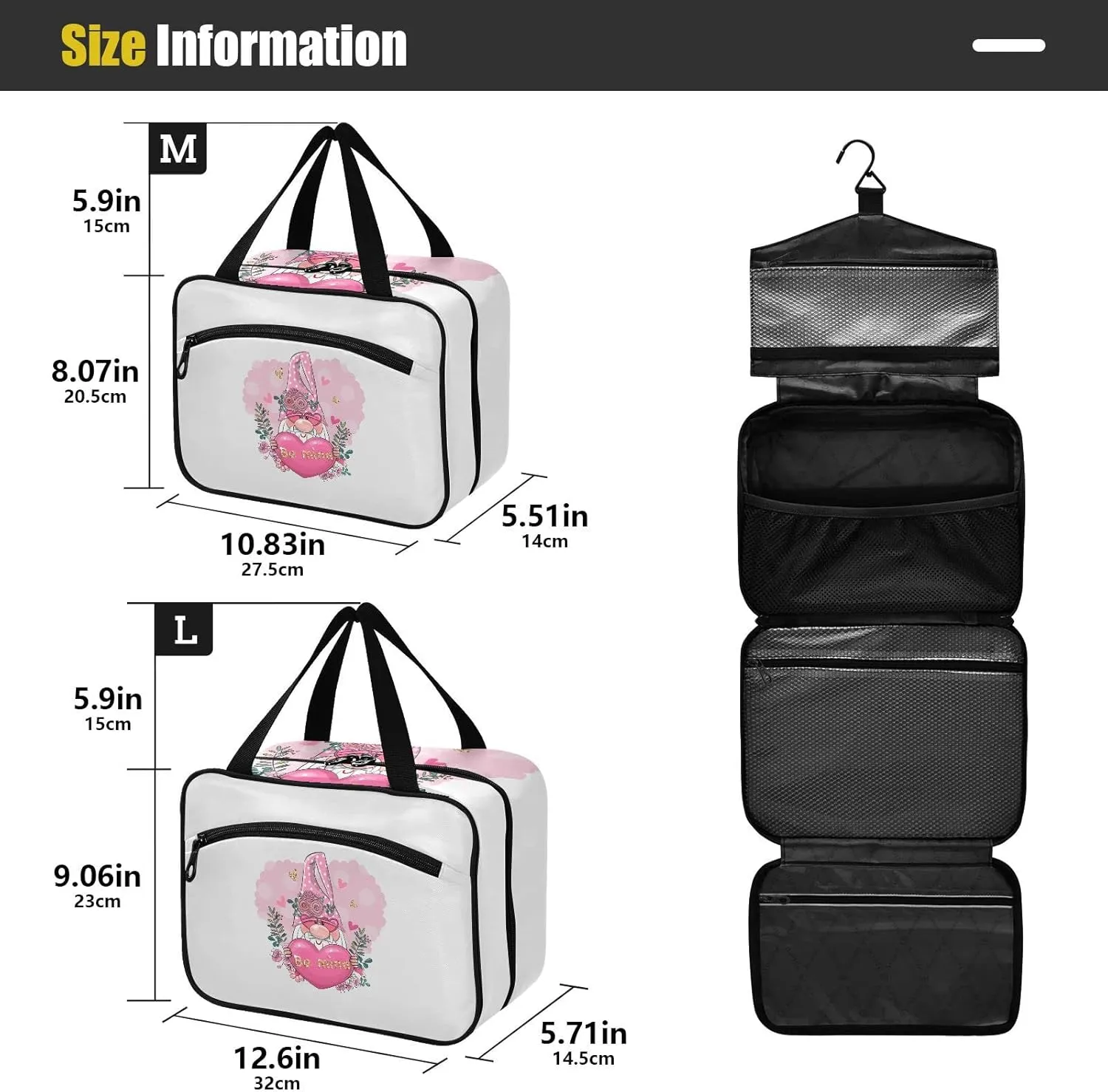 Valentine Be Mine Pink Gnome with Pink Heart, Flowers and Green Leaves Women's Portable Makeup Bag with Handle Cosmetic Bag, Twill Cloth Travel Cosmetic Bag, Polyester Toiletry Bag for Women L Size