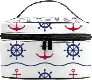 Vantaso Makeup Bag Nautical Red Anchors Blue Ship Wheels and Waves Cosmetic Bag Travel Toiletry Bag Organizer Storage Bag for Women