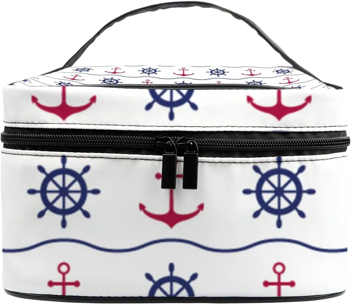 Vantaso Makeup Bag Nautical Red Anchors Blue Ship Wheels and Waves Cosmetic Bag Travel Toiletry Bag Organizer Storage Bag for Women