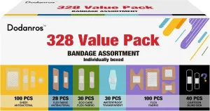 Variety Bandages Pack,328ct Assorted Bulk Various Sizes, Shapes &Features | Sheer & Flex Fabric with Benzalkonium, ECO Bamboo Fabric, Waterproof, Cartoon Blind Box Fragrance Bandages