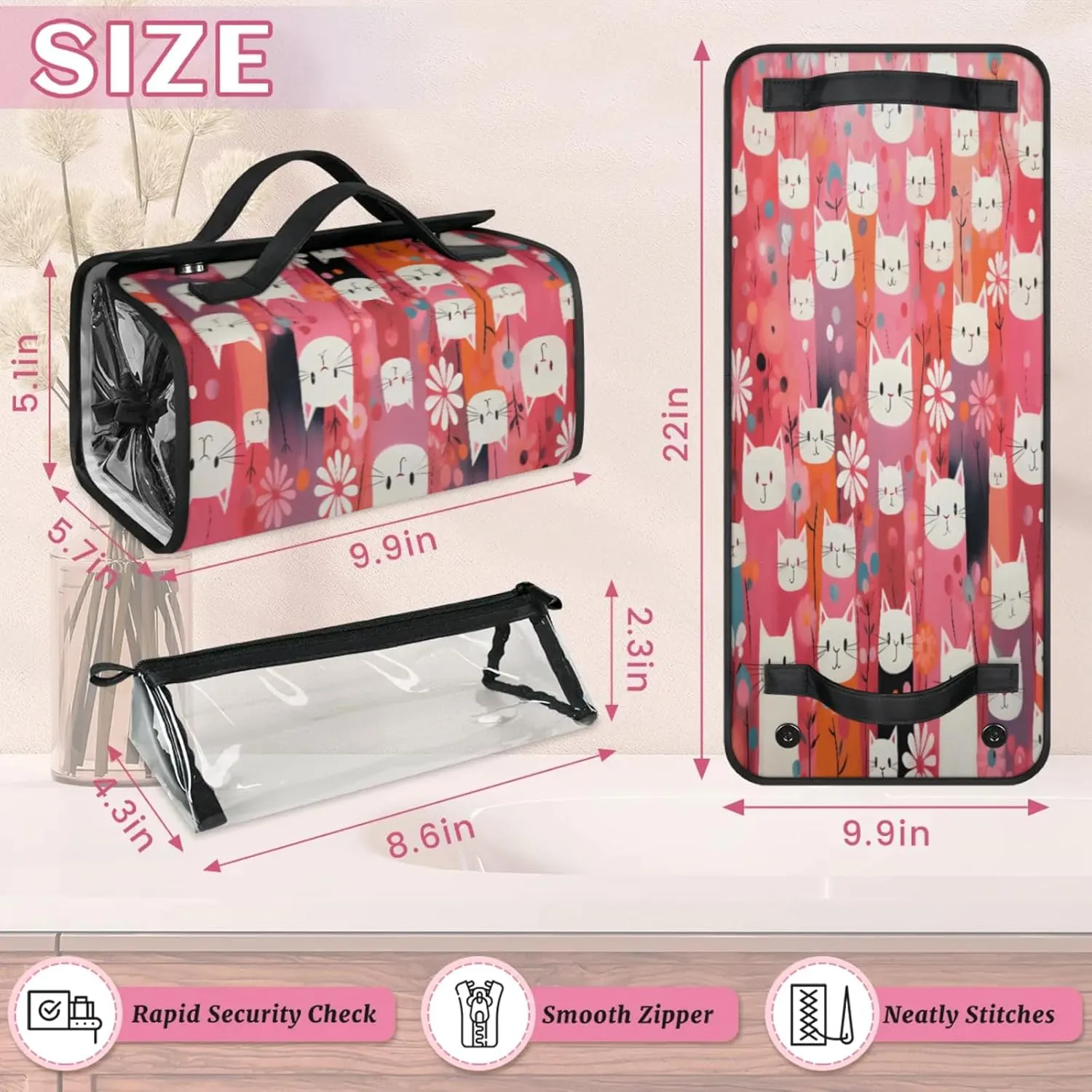 Various Cats Shape Toiletry Bag Water Proof Travel Makeup Case Large Capacity 4 in 1 Foldable Cosmetics Storage for Women Men Removable Zipper Clear PVC Pockets