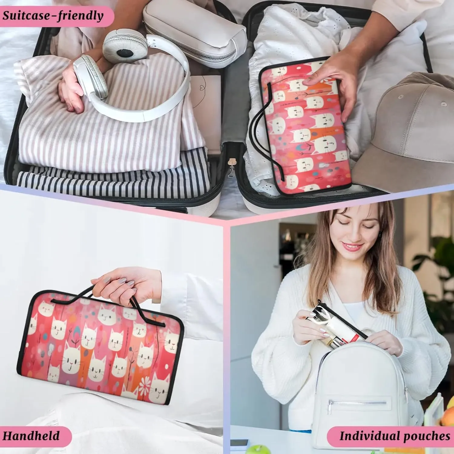 Various Cats Shape Toiletry Bag Water Proof Travel Makeup Case Large Capacity 4 in 1 Foldable Cosmetics Storage for Women Men Removable Zipper Clear PVC Pockets