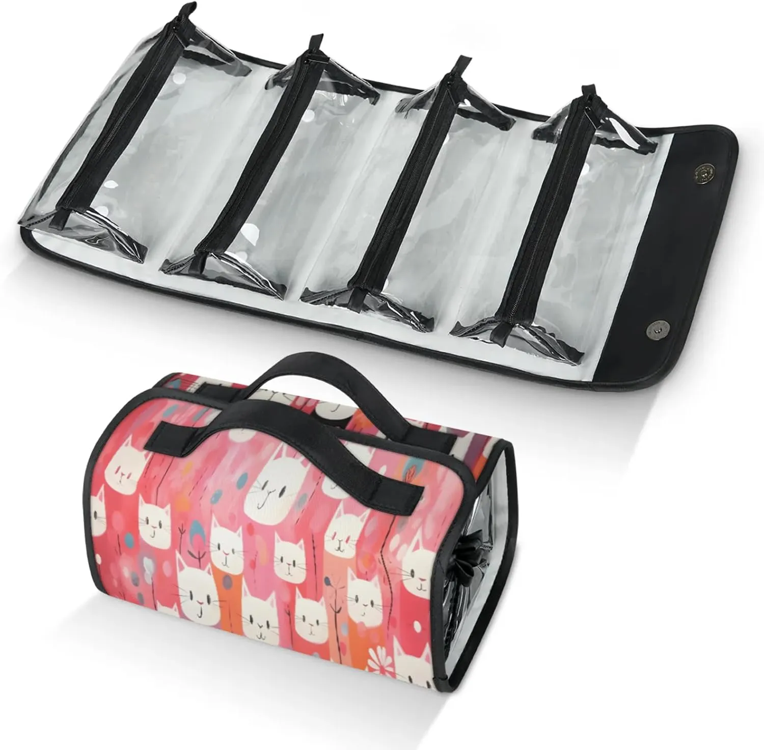 Various Cats Shape Toiletry Bag Water Proof Travel Makeup Case Large Capacity 4 in 1 Foldable Cosmetics Storage for Women Men Removable Zipper Clear PVC Pockets