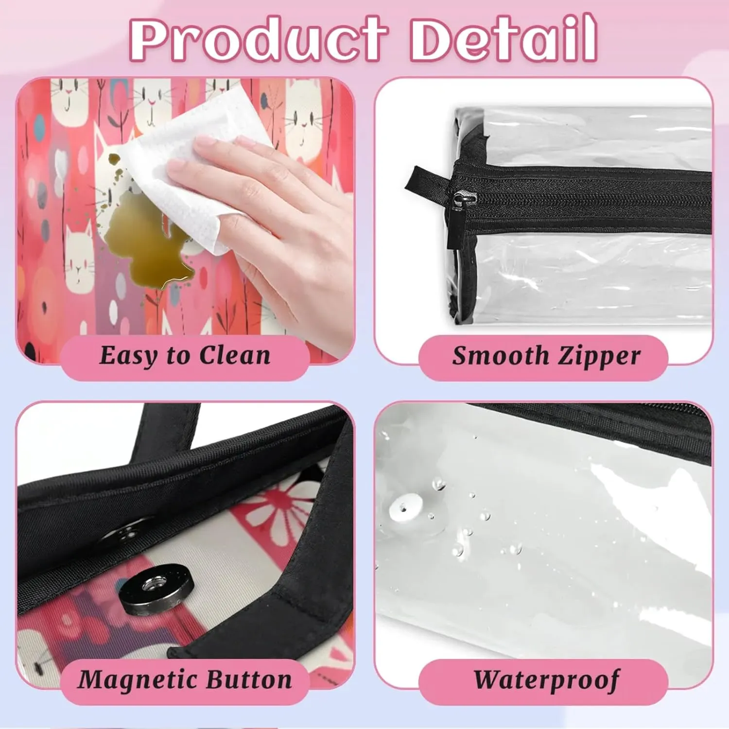 Various Cats Shape Toiletry Bag Water Proof Travel Makeup Case Large Capacity 4 in 1 Foldable Cosmetics Storage for Women Men Removable Zipper Clear PVC Pockets